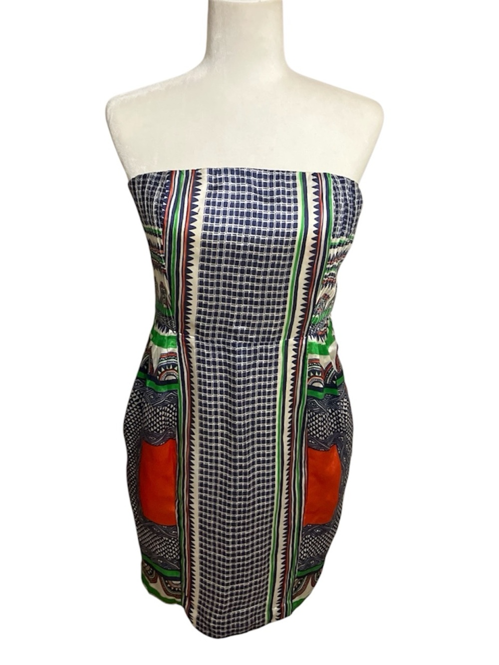 Line and Dot Strapless Silk Printed Dress